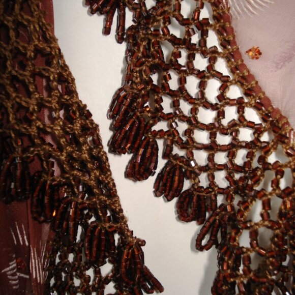 Heavy Beaded Shawl, Leaf Design, Brown Rust Color Rhinestones, Ladies Wrap Scarf - Picture 8 of 10